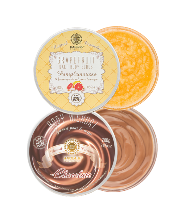 Saules Set Iaurt Corp Ciocolata + Exfoliant Corp cu Sare de Mare si Aroma de Grapefruit